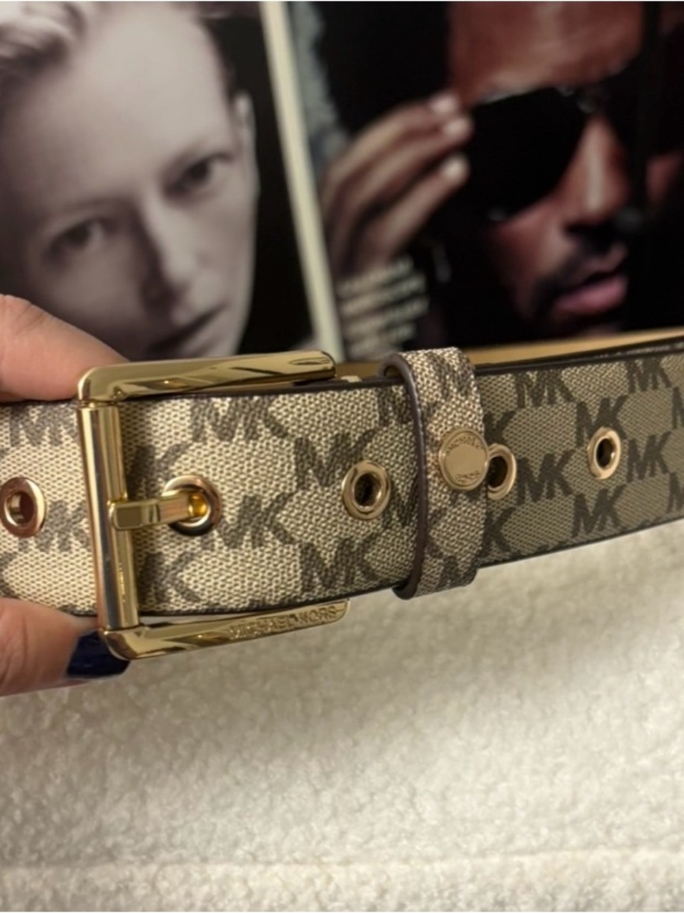Michael Kors Beige MK Monogram Belt with Gold Hardware